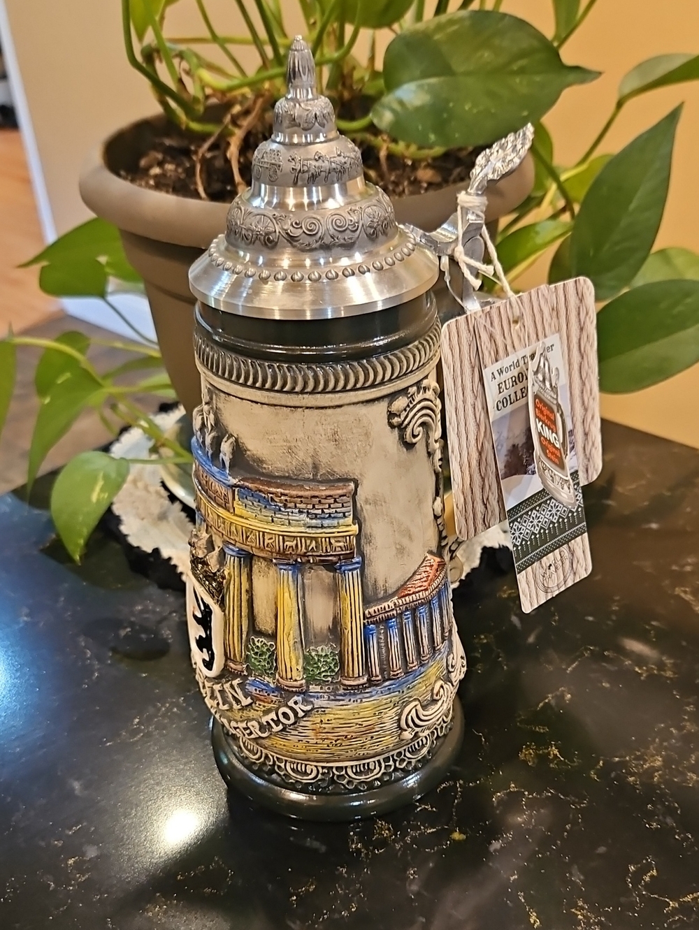 German Porcelain and Pewter Decorative Beer Stein - Multicolor